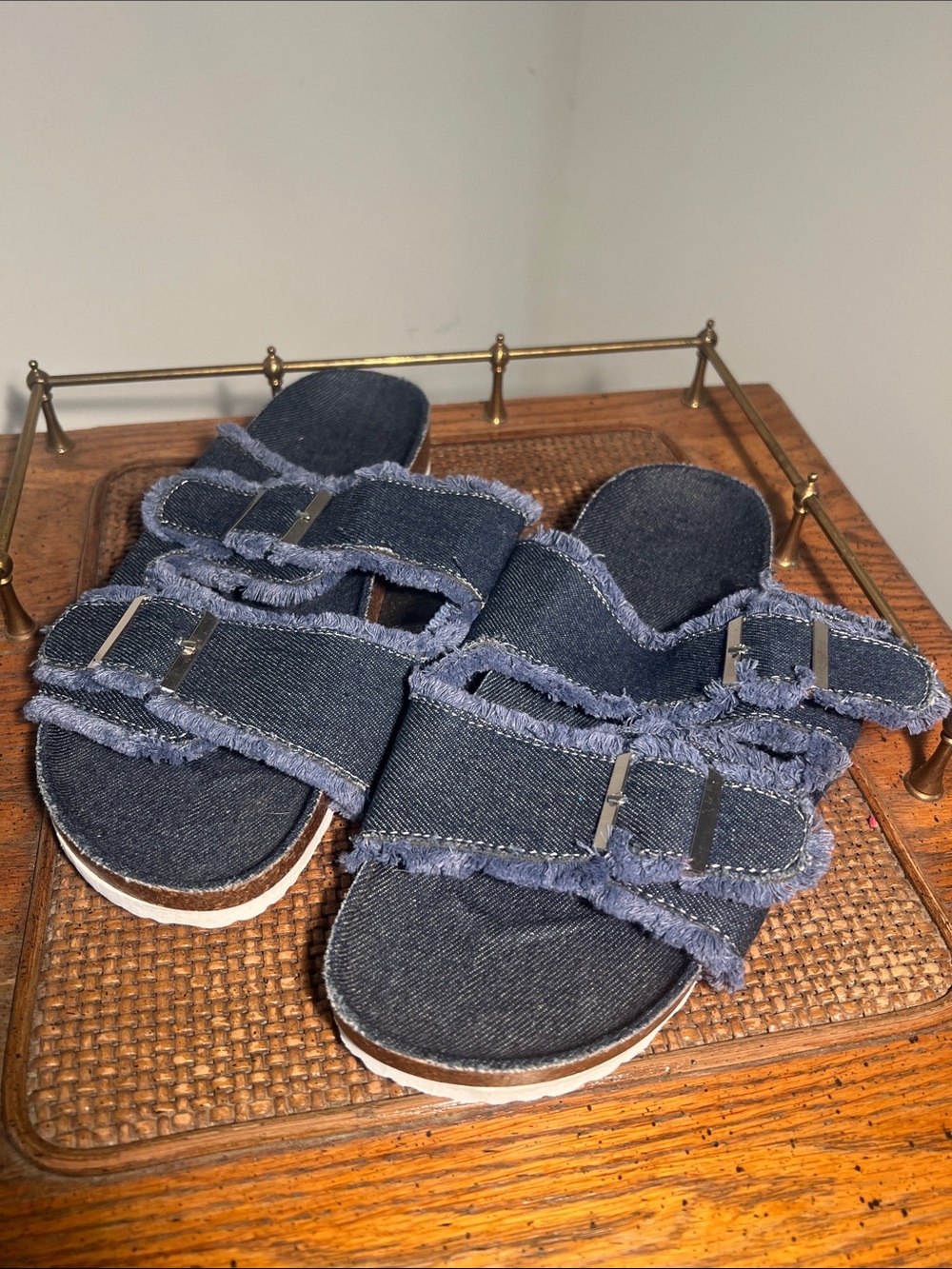 Denim Frayed Double Strap Slide Sandals - Navy Blue